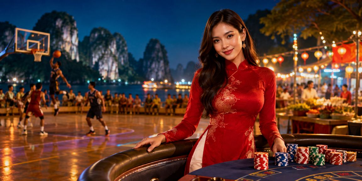 Khung cảnh vịnh Hạ Long với người mặc áo dài và không khí đặt cược thể thao đầy màu sắc